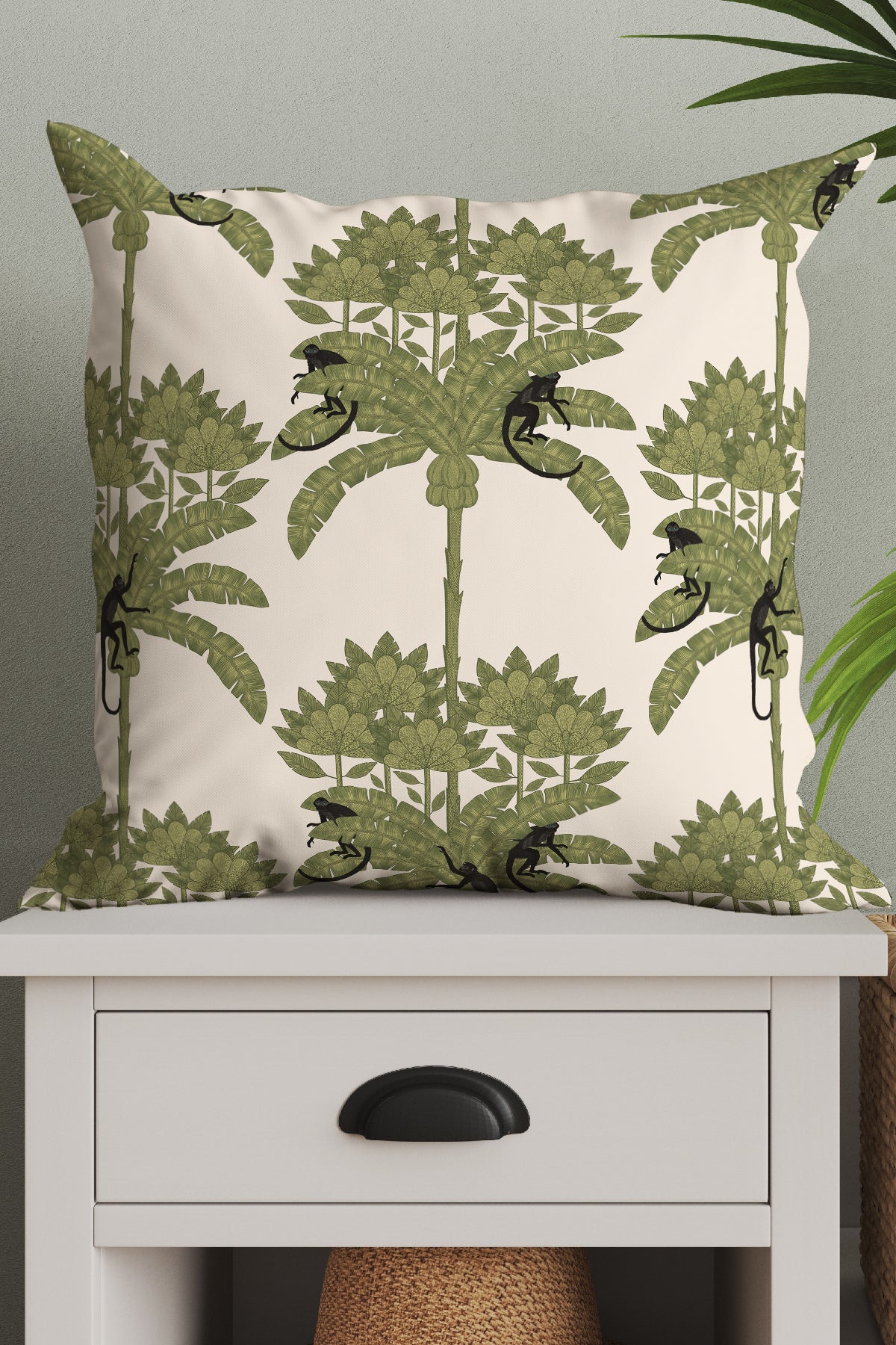 Monkey Palms Square Cushion (Off-White Green) | Harper & Blake