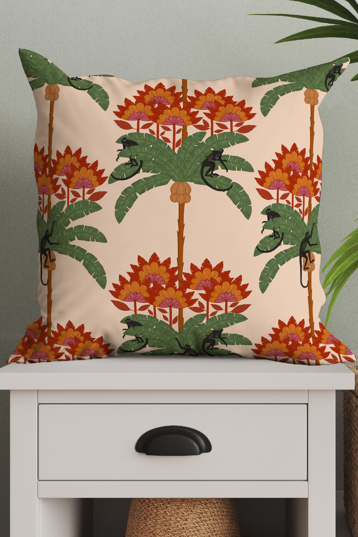 Monkey Palms Square Cushion (Peach) | Harper & Blake