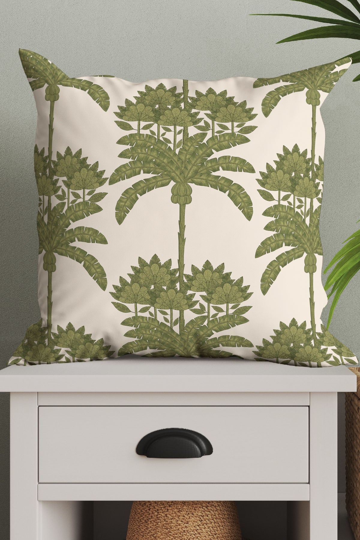 Palm Tree Stripe Square Cushion (Off-White Green) | Harper & Blake
