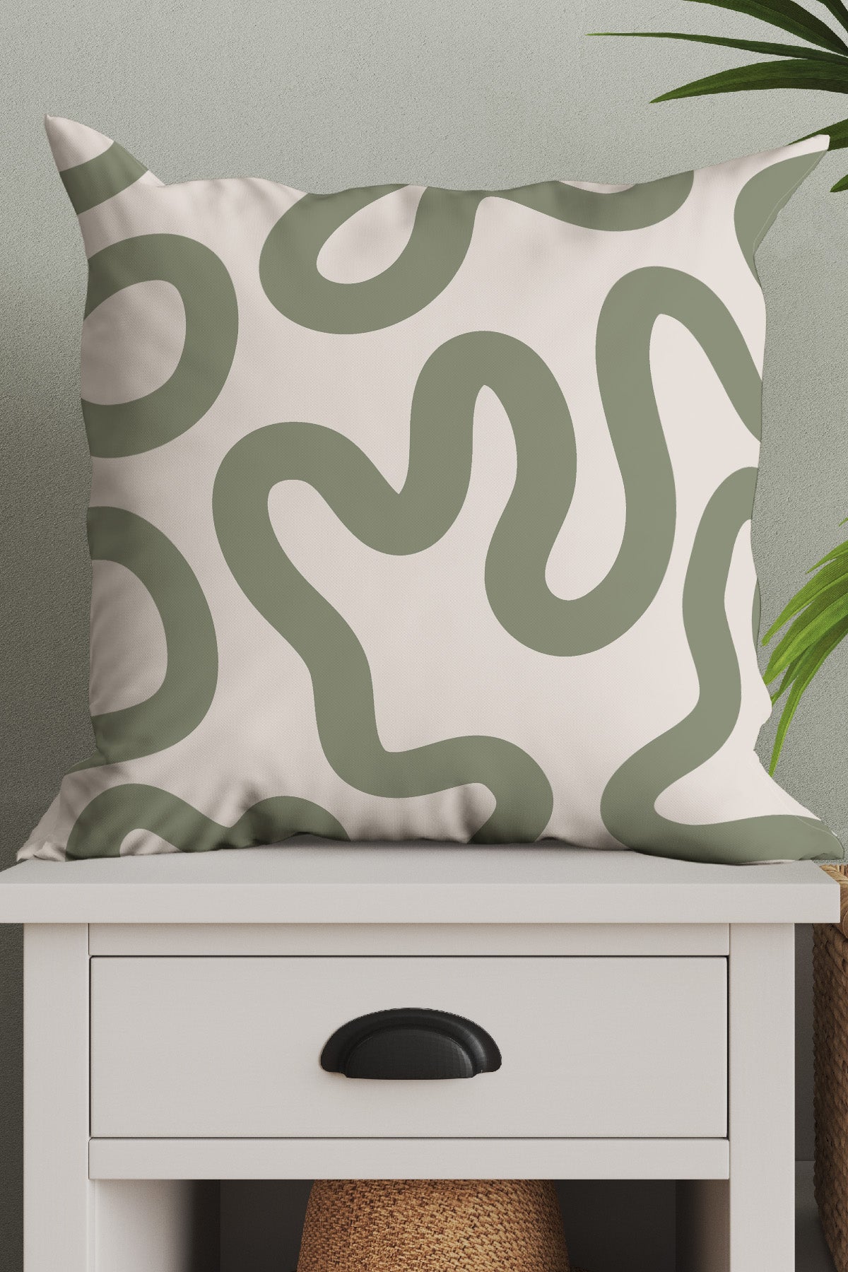 Swirl Lines Abstract Square Cushion (Linen Moss Green) | Harper & Blake