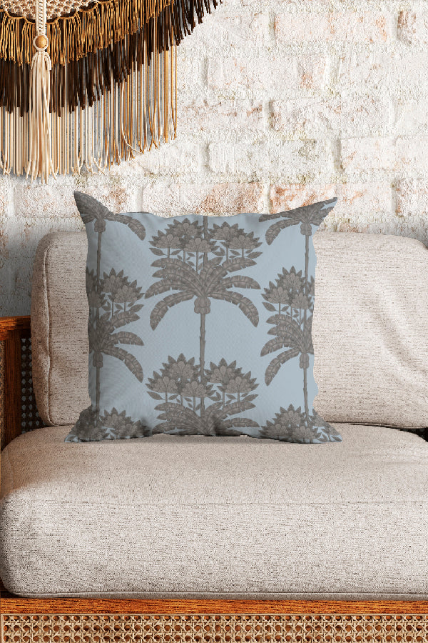 Palm Tree Stripe Square Cushion (Blue & Grey) | Harper & Blake