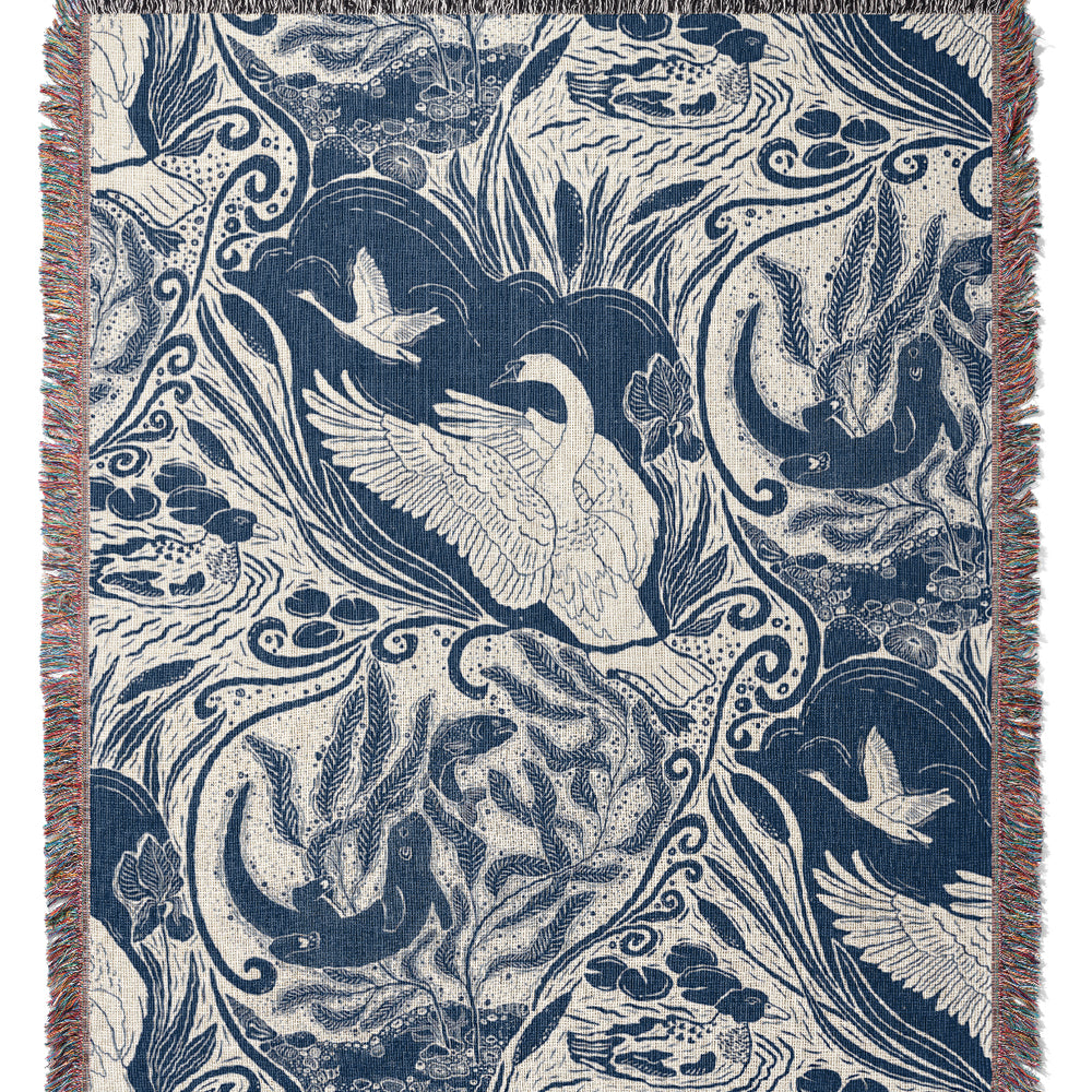 Water Life Block Print by Denes Anna Design Jacquard Woven Blanket (Blue) | Harper & Blake