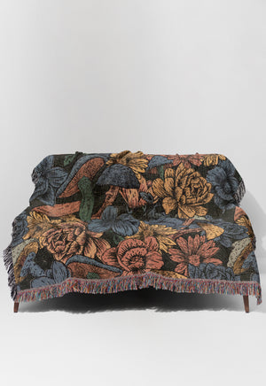 Mushroom Flowers Jacquard Woven Blanket (Blue Black) | Harper & Blake