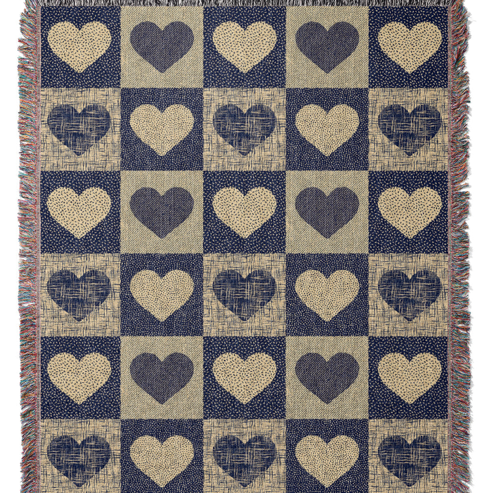 Textured Valentine Love Hearts by Denes Anna Design Jacquard Woven Blanket (Blue) | Harper & Blake