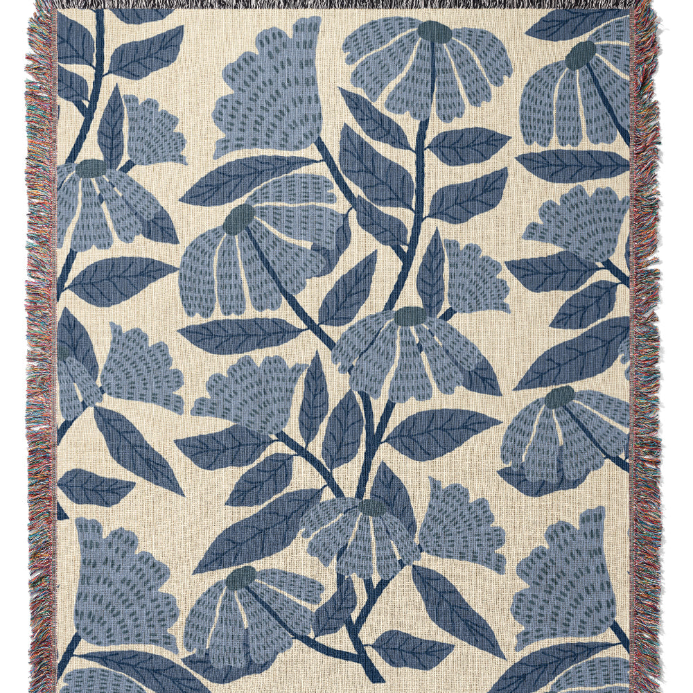 Florals Jacquard Woven Blanket (Blue) | Harper & Blake