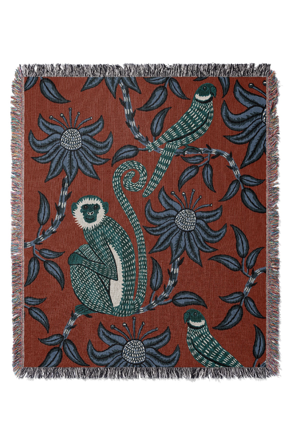 Monkey Parrot Jacquard Woven Blanket (Red) | Harper & Blake