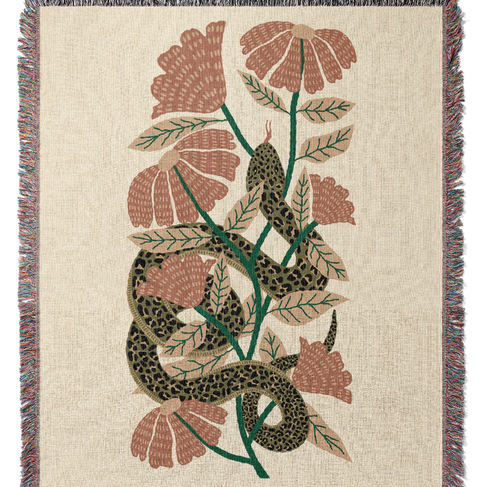 Snake & Florals Jacquard Woven Blanket (Natural) | Harper & Blake