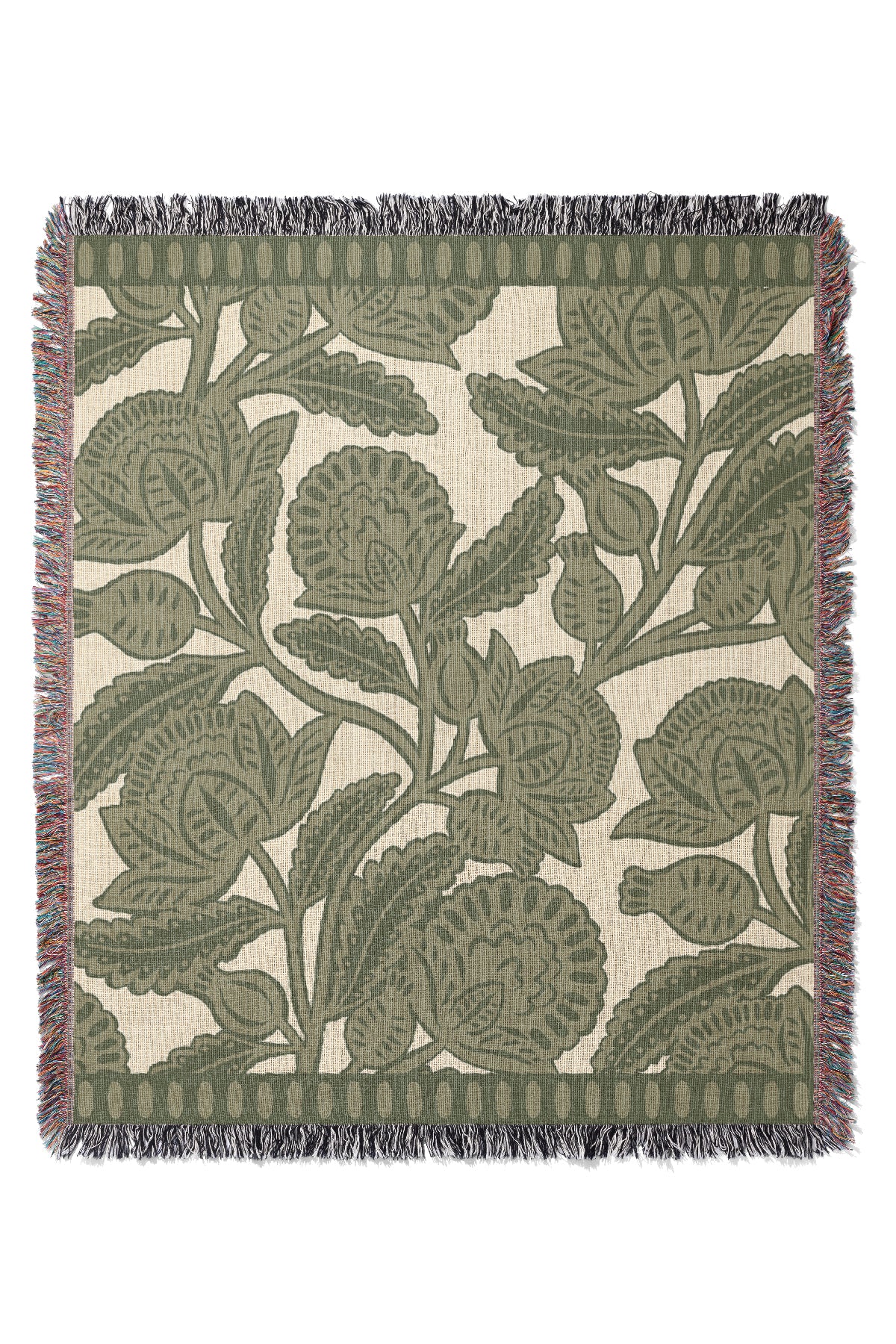 The Peony Throw Jacquard Woven Blanket (Off-White & Green) | Harper & Blake