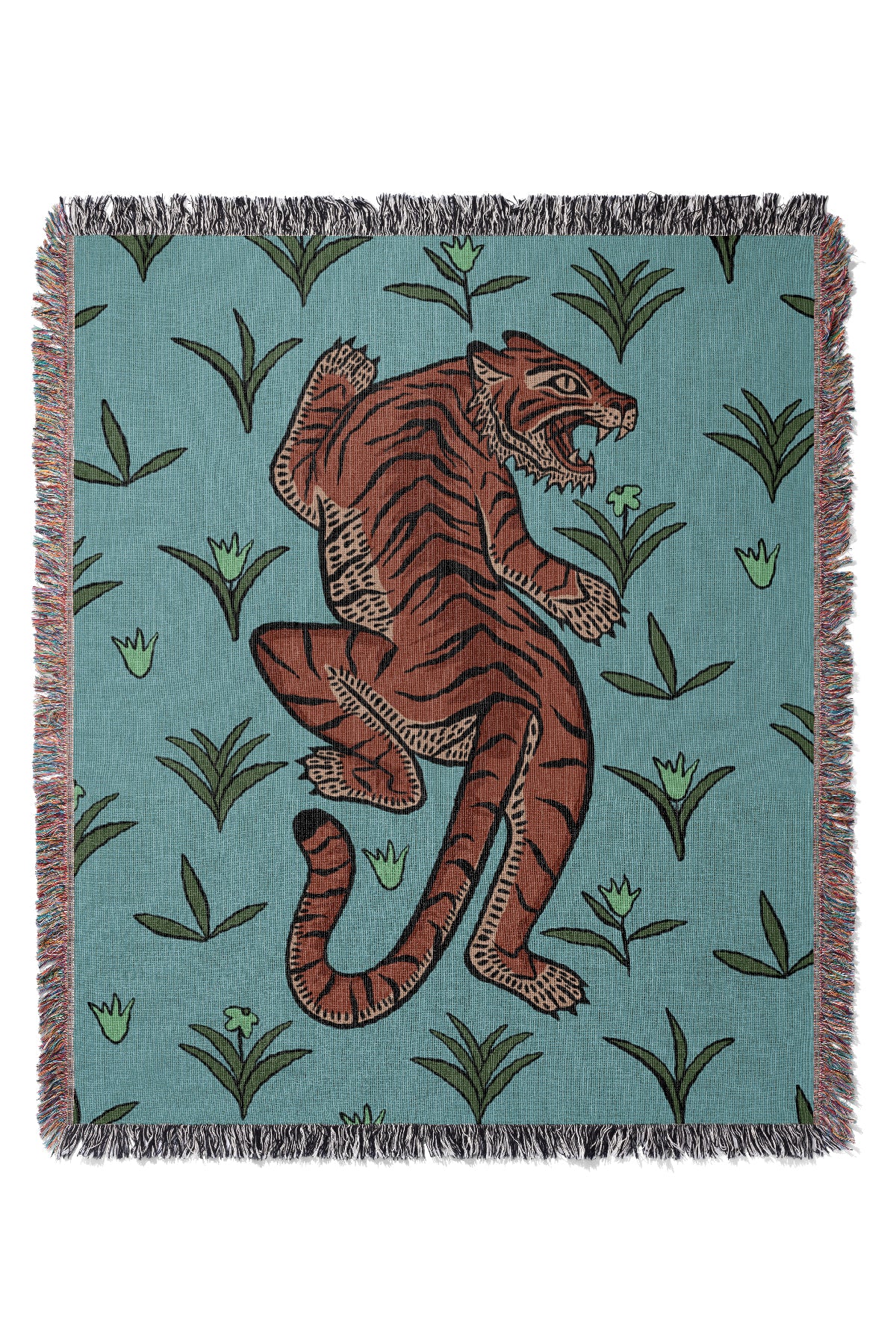 Tiger & Plants Jacquard Woven Blanket (Blue) | Harper & Blake