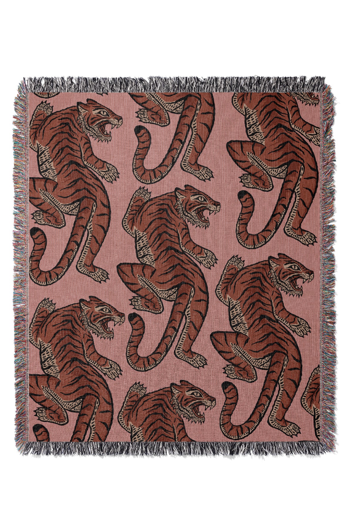 Tiger & Plants Scatter Jacquard Woven Blanket (Pink) | Harper & Blake