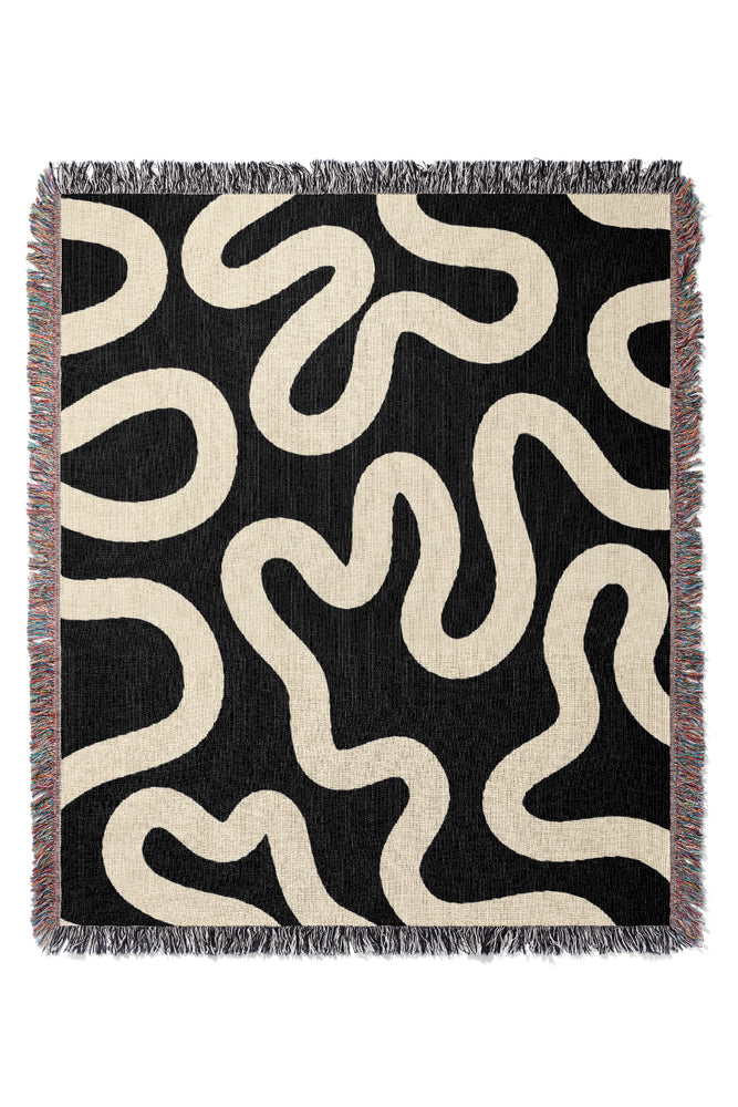 Swirl Lines Abstract Jacquard Woven Blanket (Black Peach)