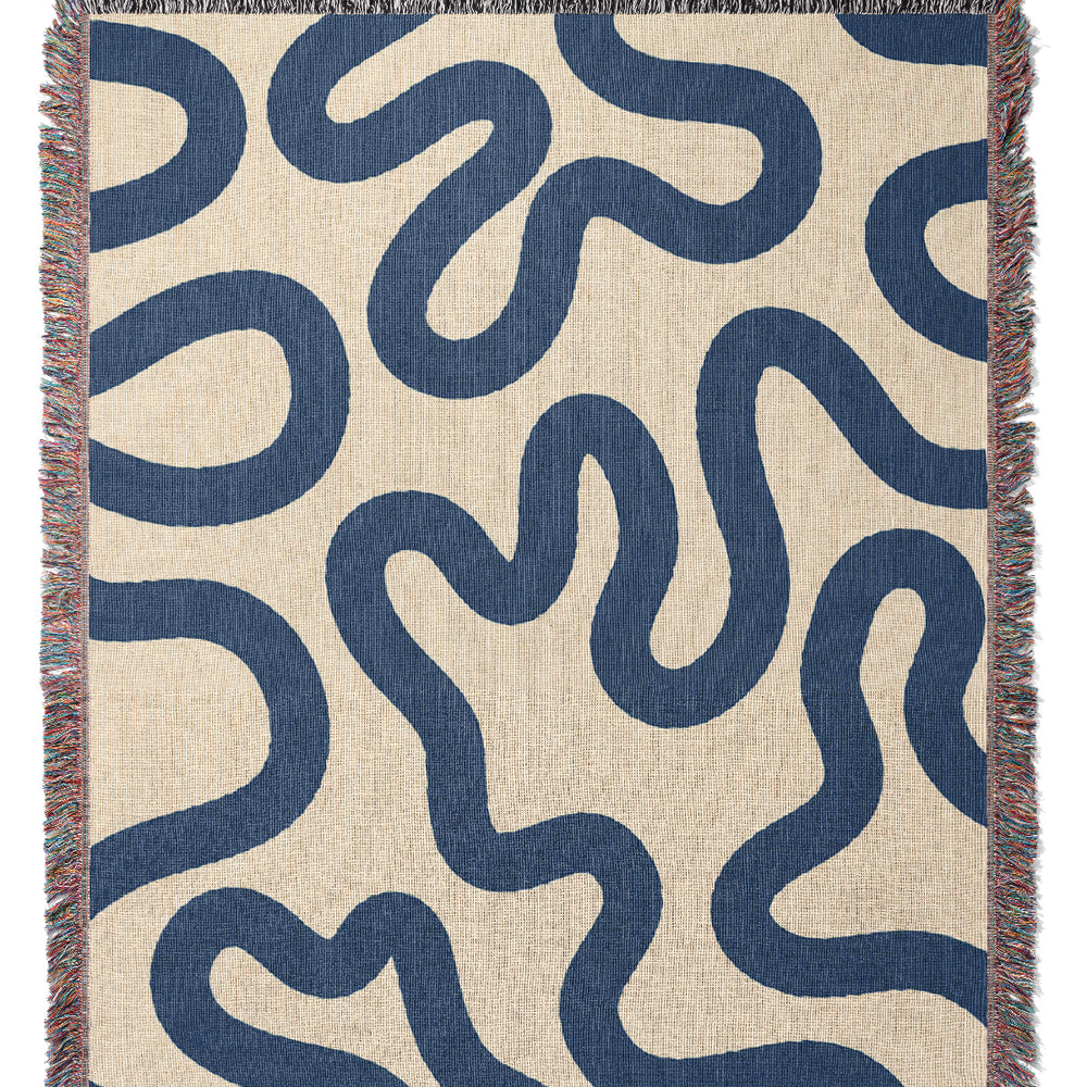 Swirl Lines Abstract Jacquard Woven Blanket (Cream Blue) | Harper & Blake