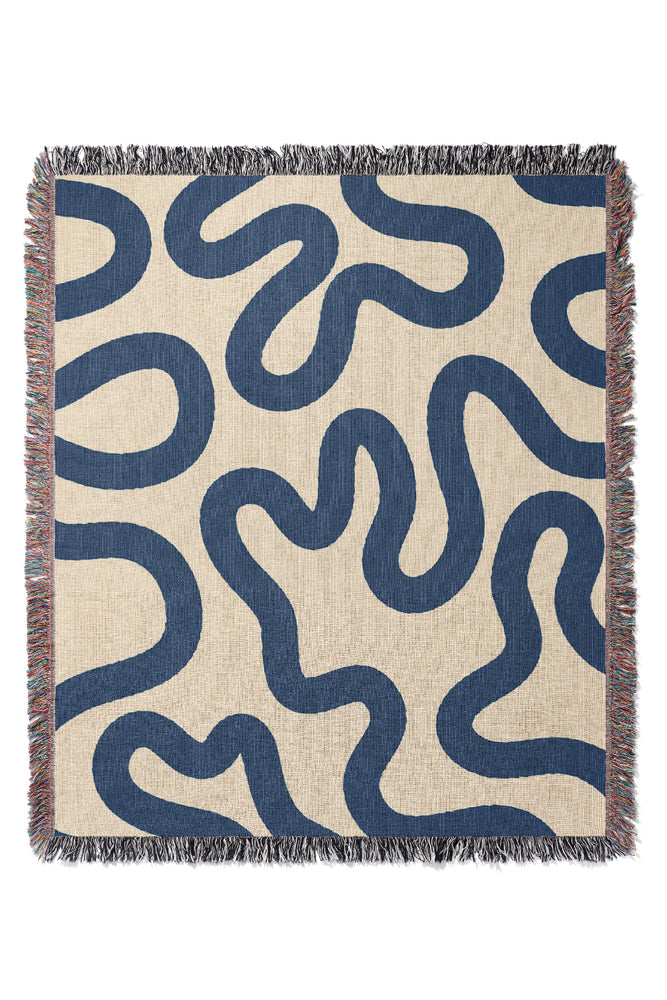 Swirl Lines Abstract Jacquard Woven Blanket (Cream Blue)