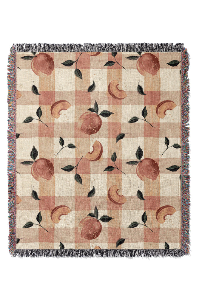 Retro Kitchen Peaches Gingham By Rebecca Elfast Jacquard Woven Blanket (Pink)