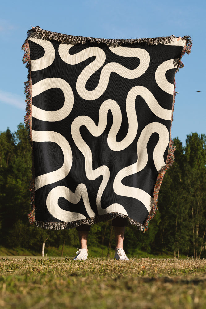 Swirl Lines Abstract Jacquard Woven Blanket (Black Peach) | Harper & Blake