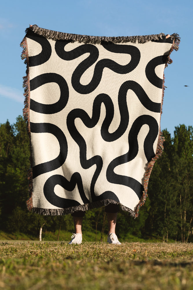 Swirl Lines Abstract Jacquard Woven Blanket (Peach Black) | Harper & Blake