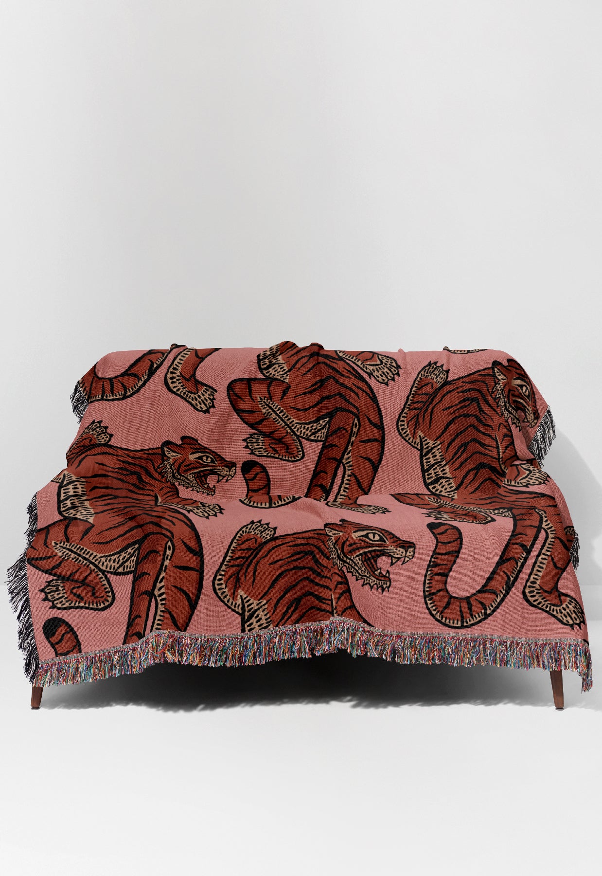Tiger & Plants Scatter Jacquard Woven Blanket (Pink) | Harper & Blake