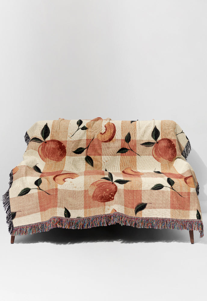 Retro Kitchen Peaches Gingham By Rebecca Elfast Jacquard Woven Blanket (Pink) | Harper & Blake