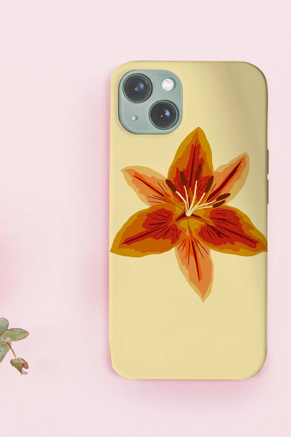 Phone case with a yellow background and orange lily illustration in the middle
