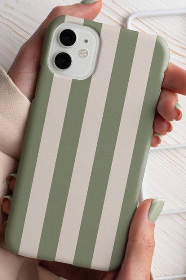 Phone case with vertical green and beige striped