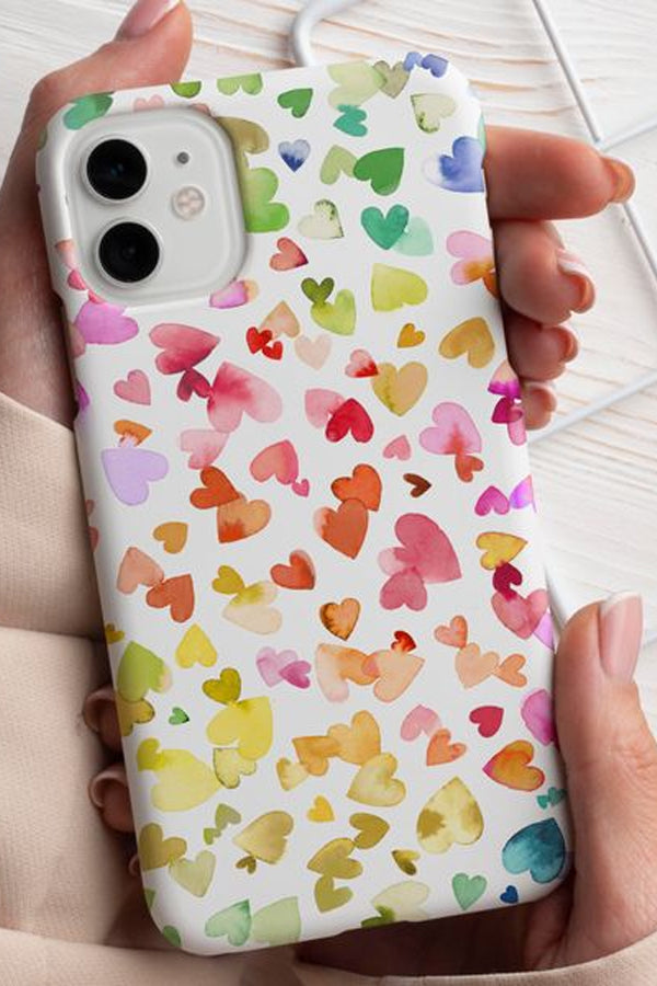 Phone case with colourful watercolour hearts