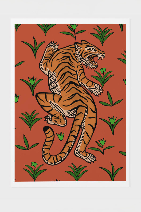 Tiger & Plants Giclée Art Print Poster (Red) | Harper & Blake