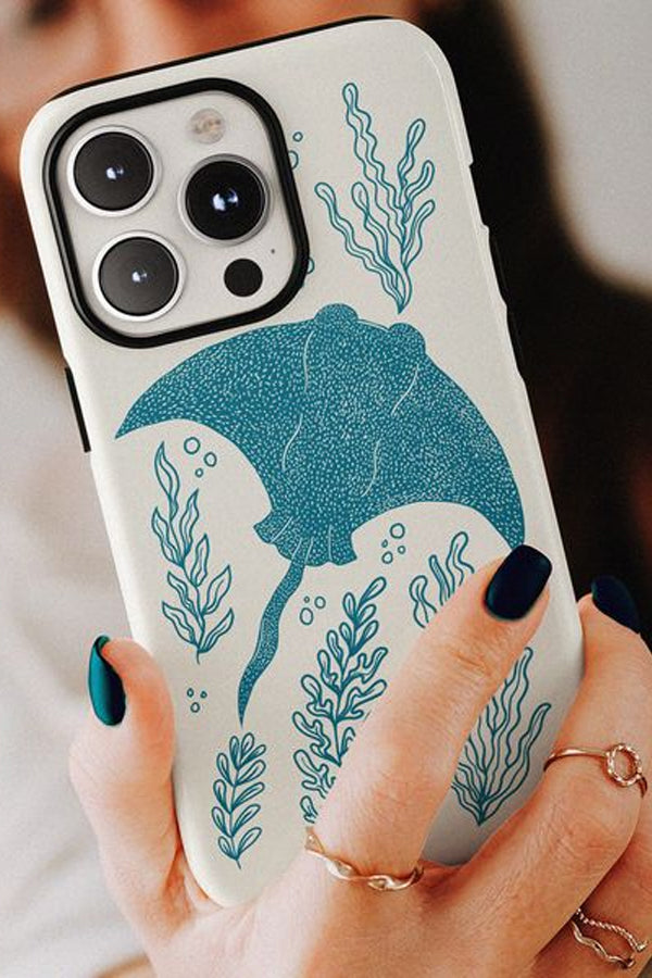 Phone case with a blue manta ray illustration