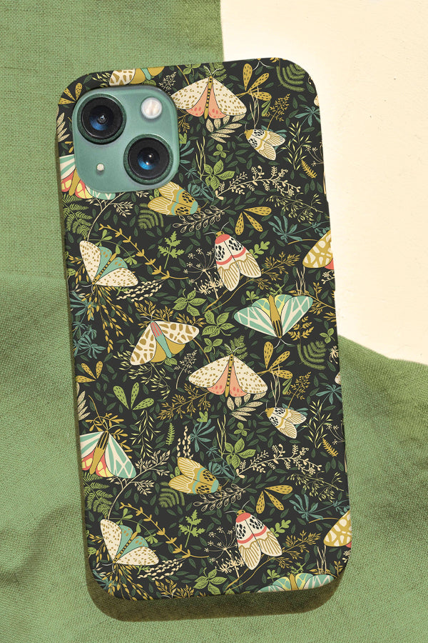 Phone case with a leaf, plant and moth pattern in green