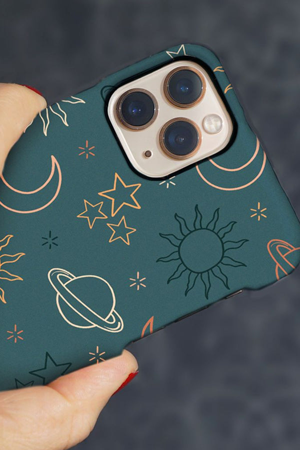Phone case with a teal celestial pattern with line art stars, planets, suns and moons