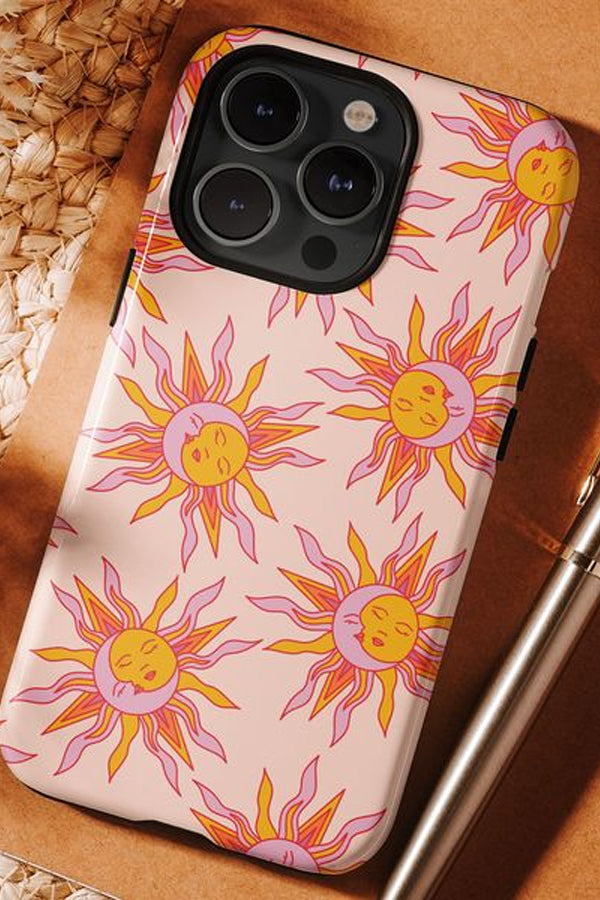 Pink phone case with a pink and yellow design with suns and moons