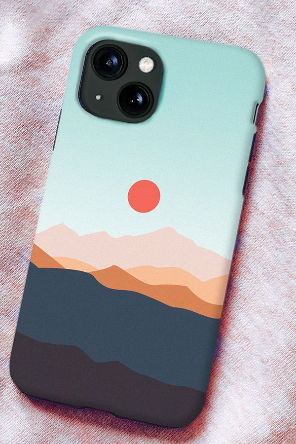 Phone case with a minimalist mountain range and red sun 