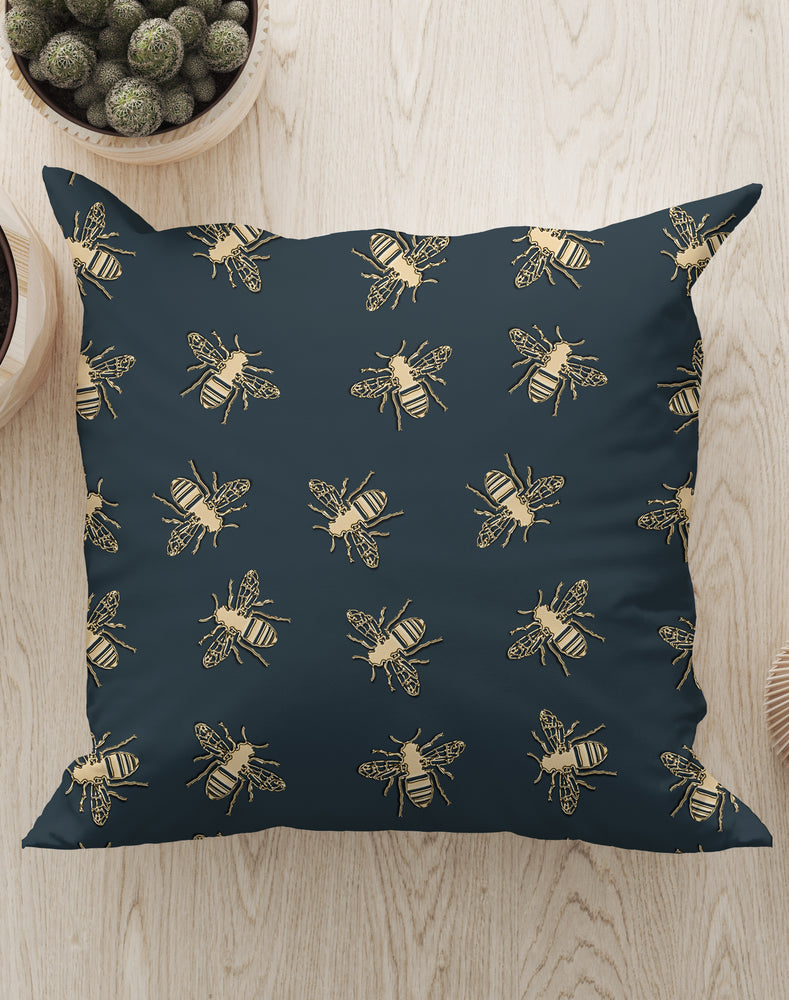 Bees Lux Square Cushion (Green & Gold) | Harper & Blake