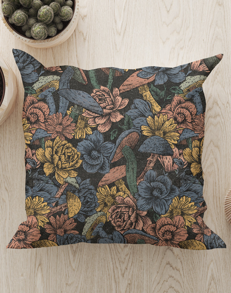 Mushroom Flowers Square Cushion (Blue Black) | Harper & Blake