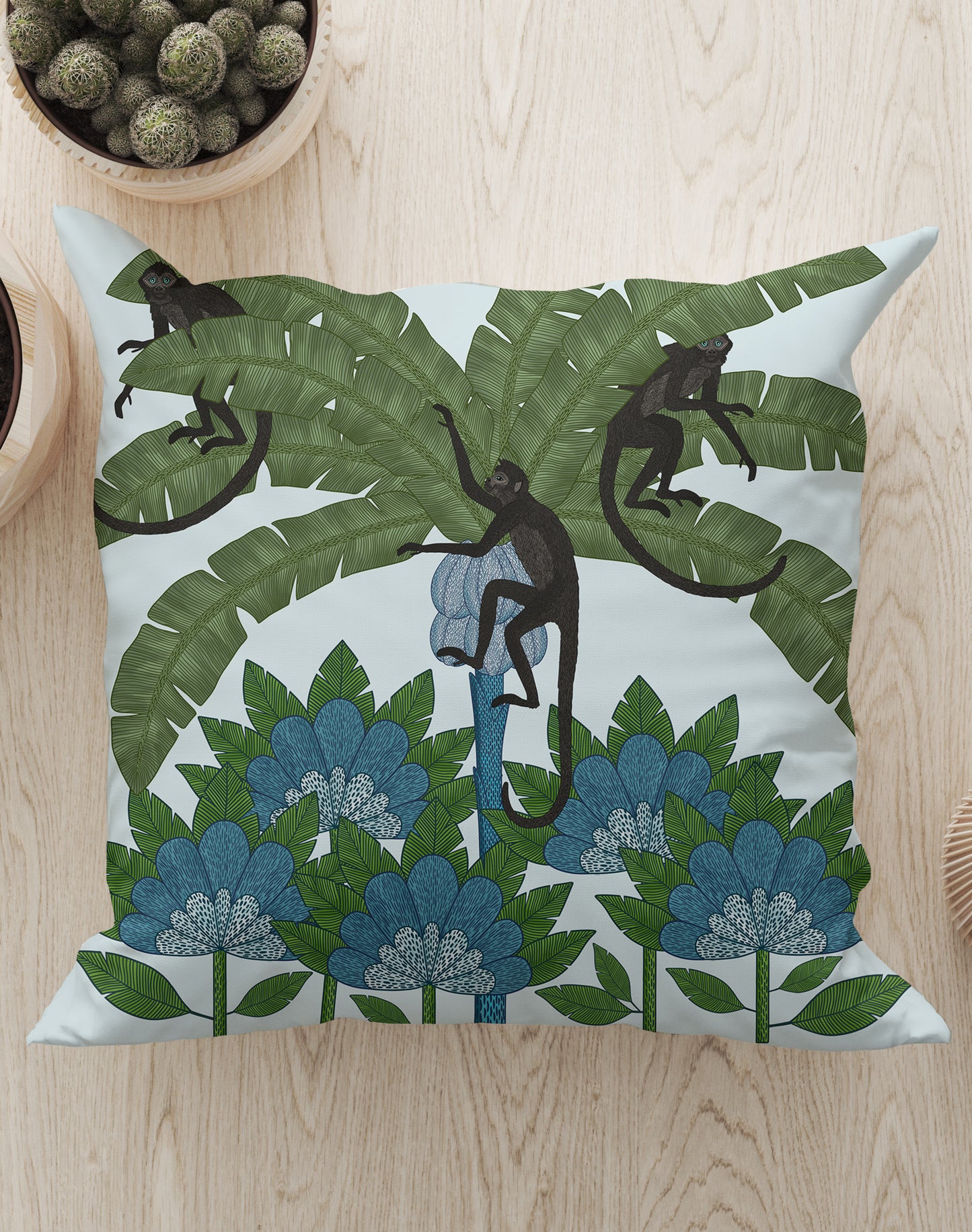 Monkey Palm Tree Square Cushion (Blue) | Harper & Blake