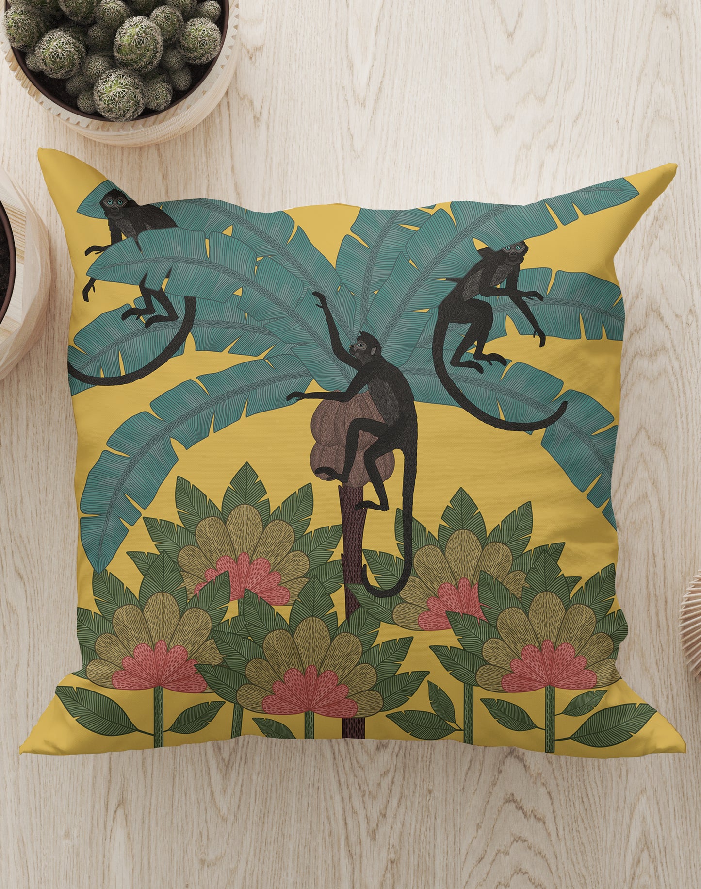 Monkey Palm Tree Square Cushion (Yellow) | Harper & Blake