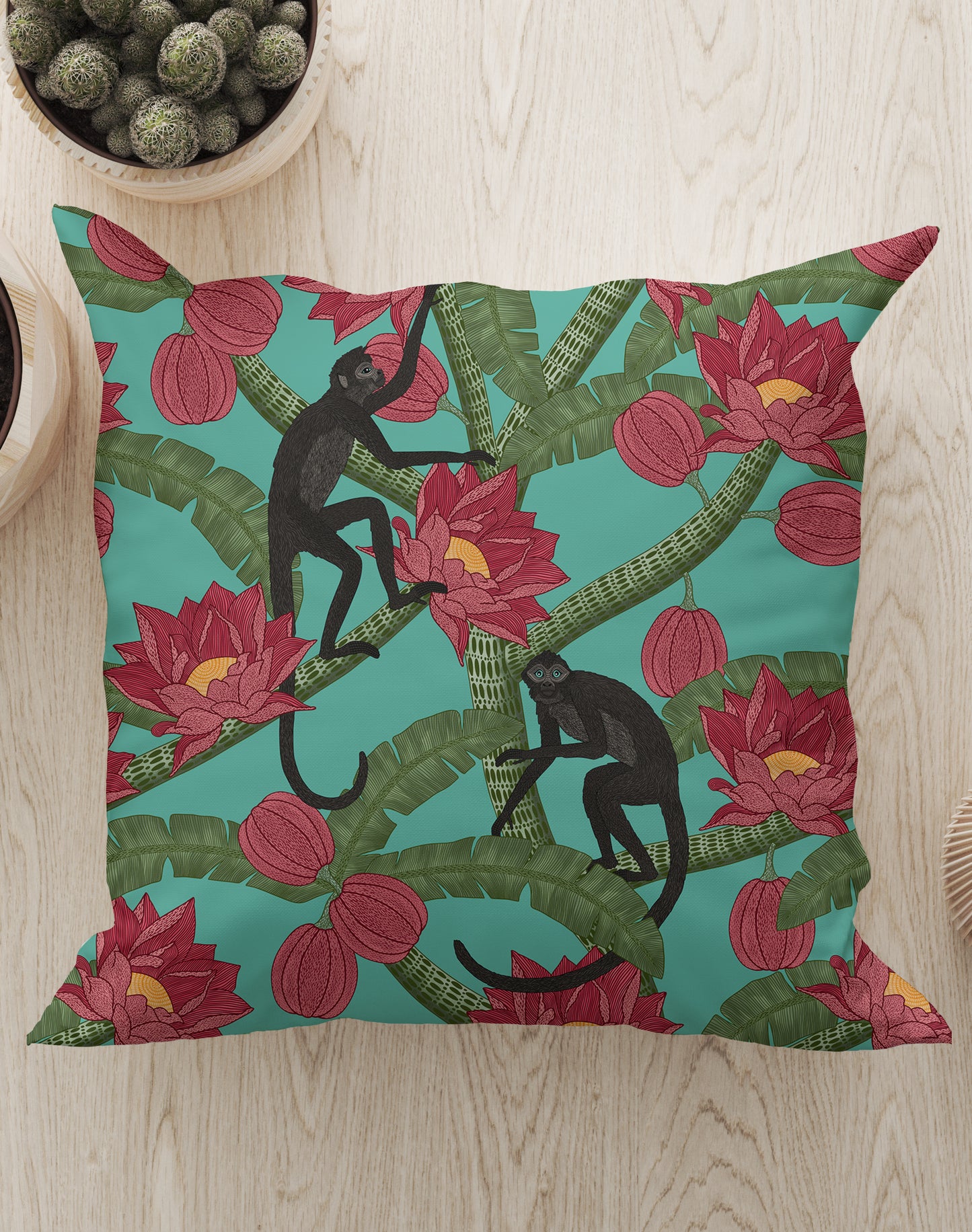 Monkey Kingdom Square Cushion (Turquoise) | Harper & Blake