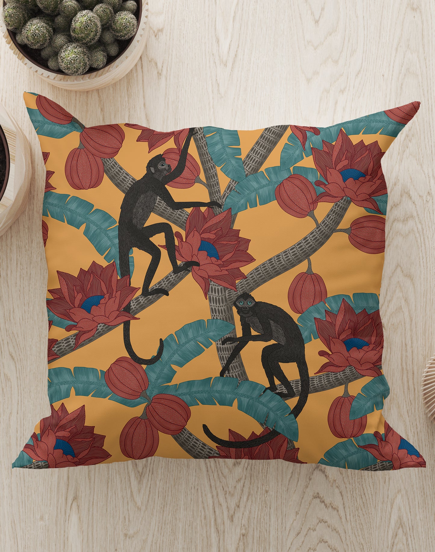 Monkey Kingdom Square Cushion (Yellow Red) | Harper & Blake