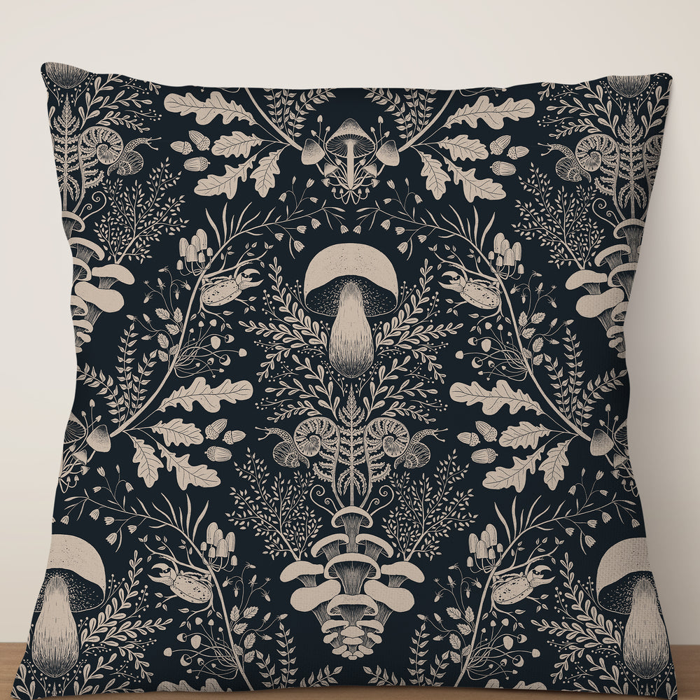 
                  
                    Mushroom Forest Damask by Denes Anna Design Square Cushion (Black) | Harper & Blake
                  
                