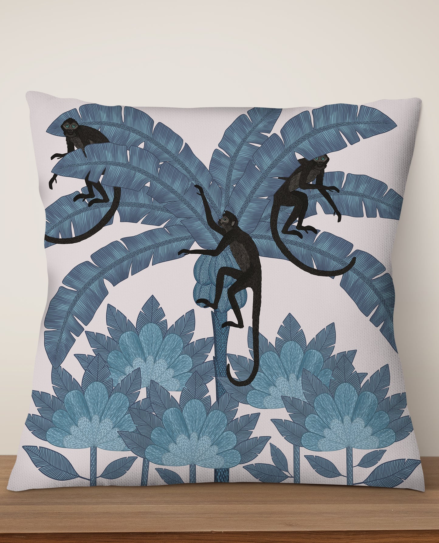 Monkey Palm Tree Square Cushion (Off-White Blue) | Harper & Blake