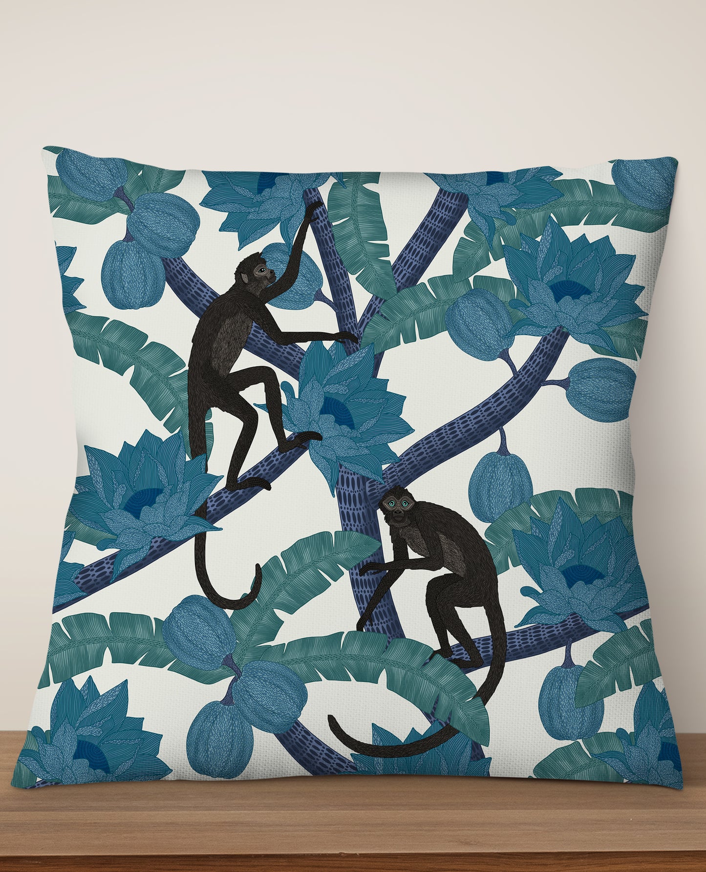 Monkey Kingdom Square Cushion (Off-White Blue) | Harper & Blake