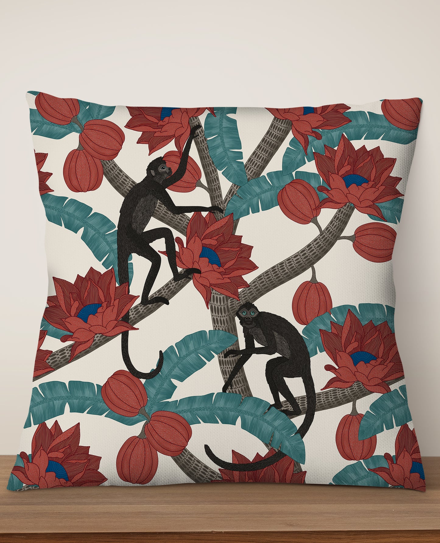 Monkey Kingdom Square Cushion (Off-White Red) | Harper & Blake