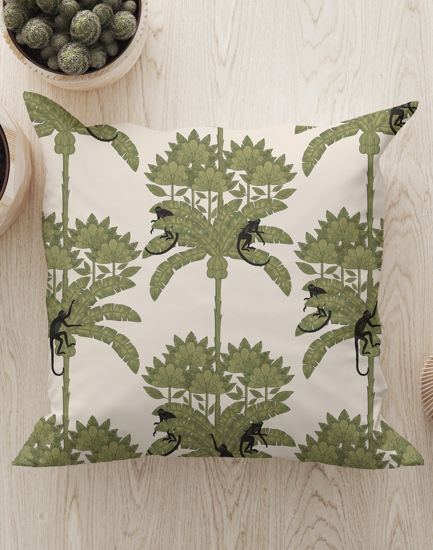 Monkey Palms Square Cushion (Off-White Green) | Harper & Blake