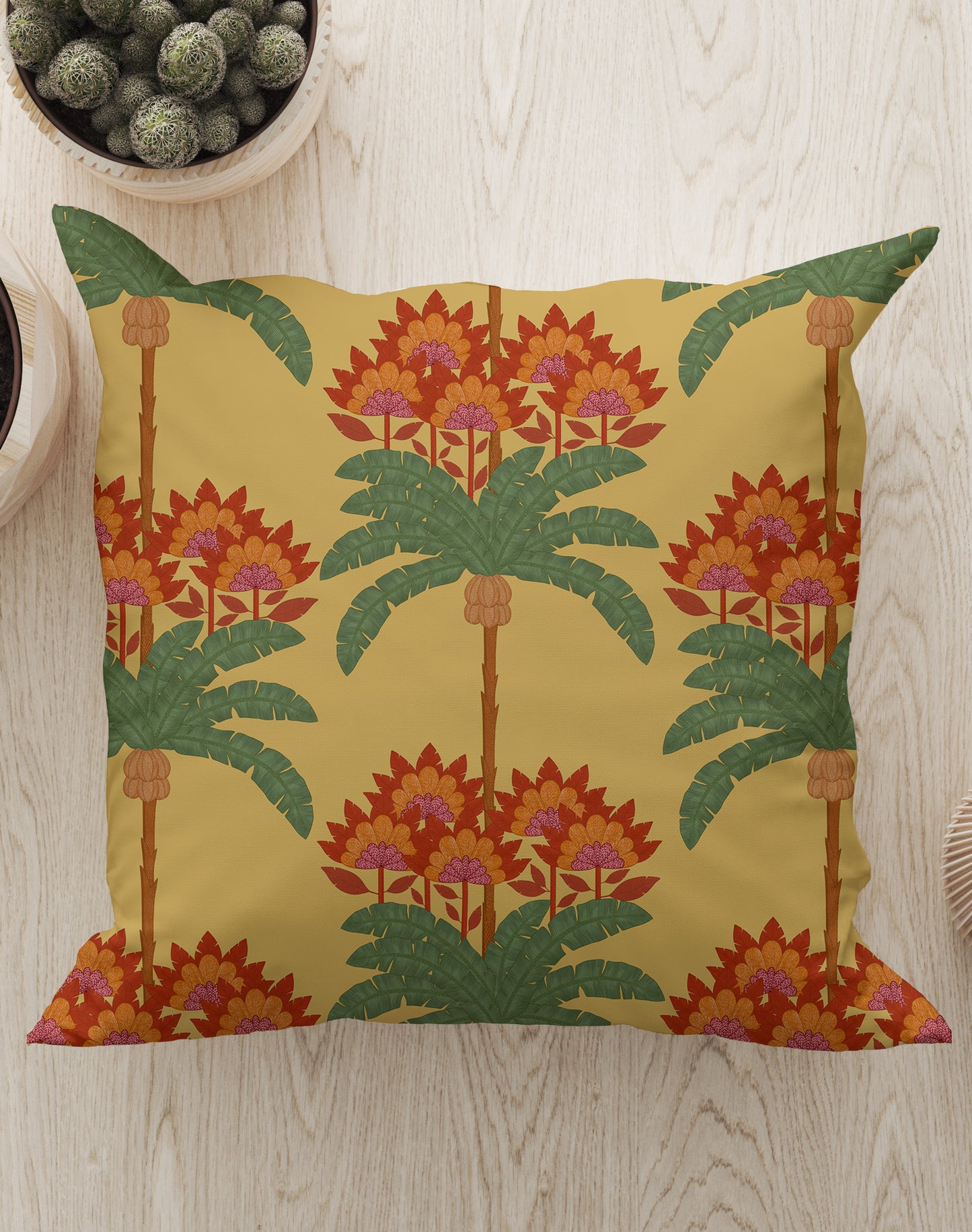 Palm Tree Stripe Square Cushion (Lemon) | Harper & Blake