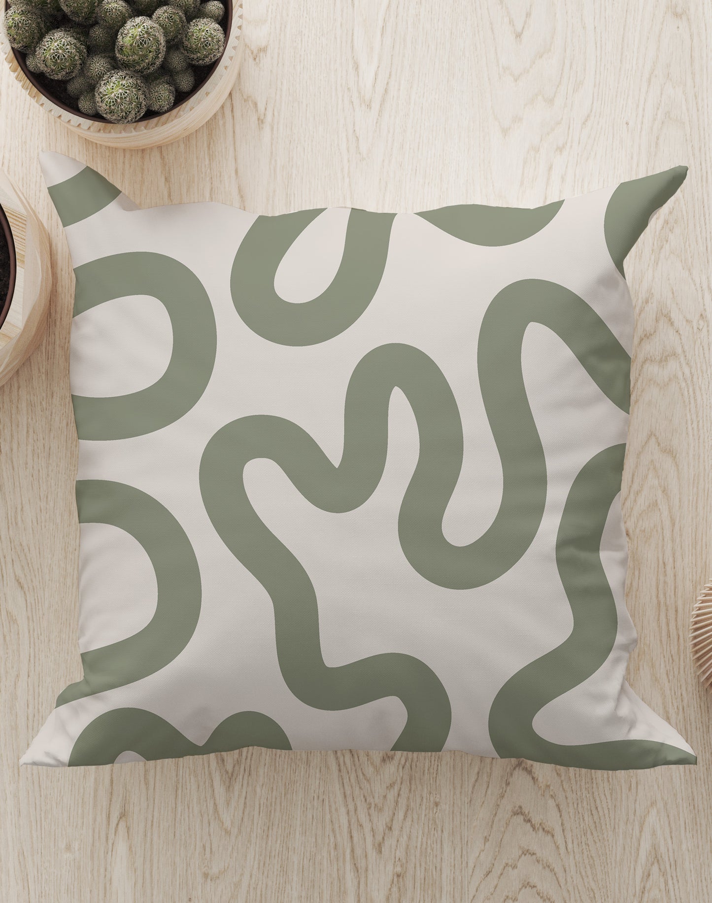Swirl Lines Abstract Square Cushion (Linen Moss Green) | Harper & Blake