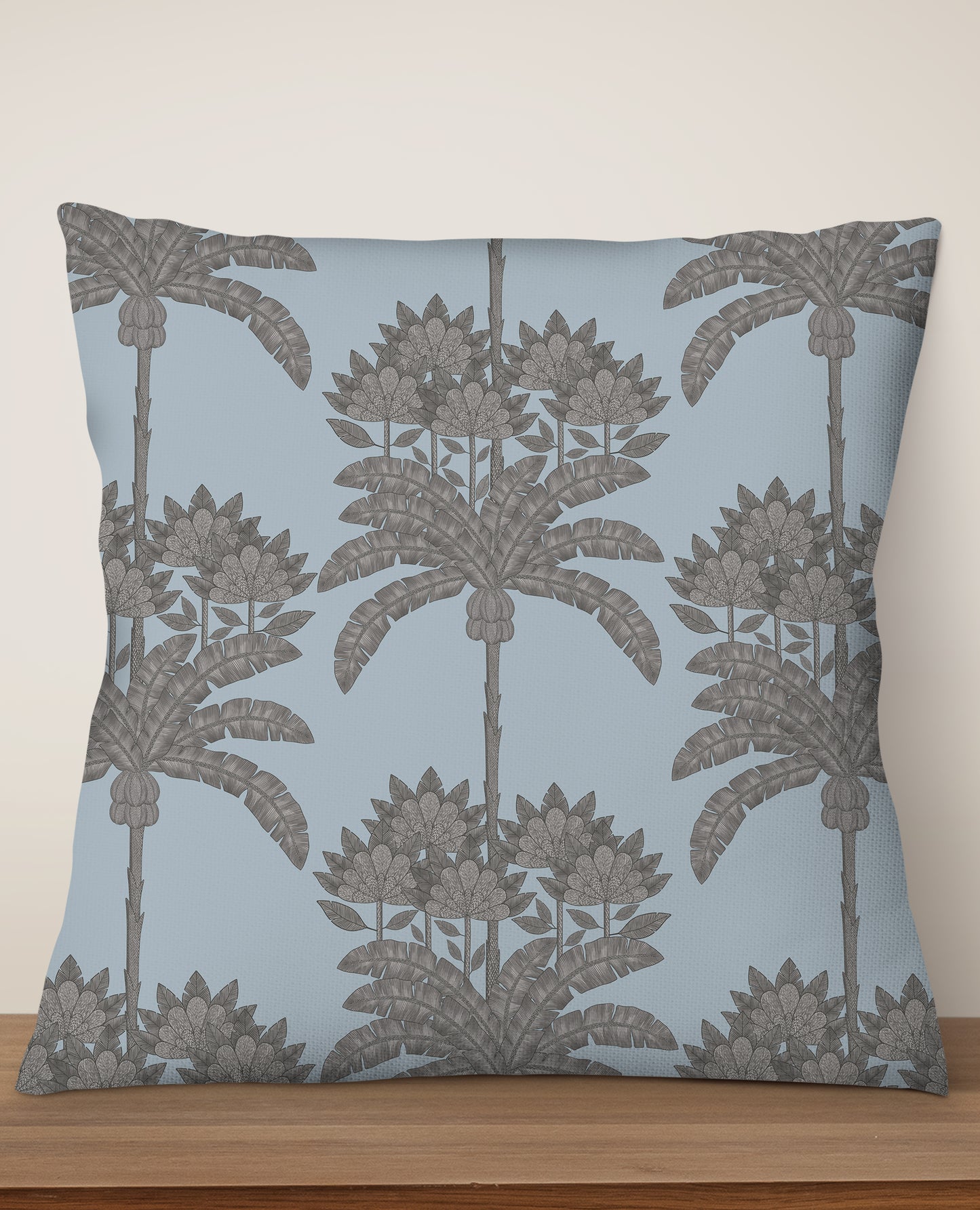 Palm Tree Stripe Square Cushion (Blue & Grey) | Harper & Blake