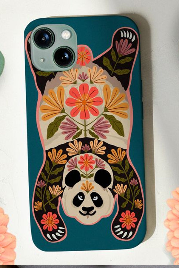 Phone case with a panda design with folk flowers