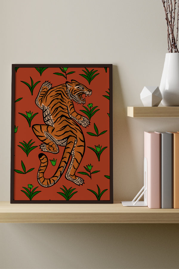 Tiger & Plants Giclée Art Print Poster (Red) | Harper & Blake