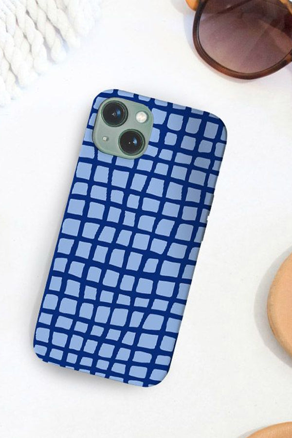 Phone case with a blue grid pattern on a white background