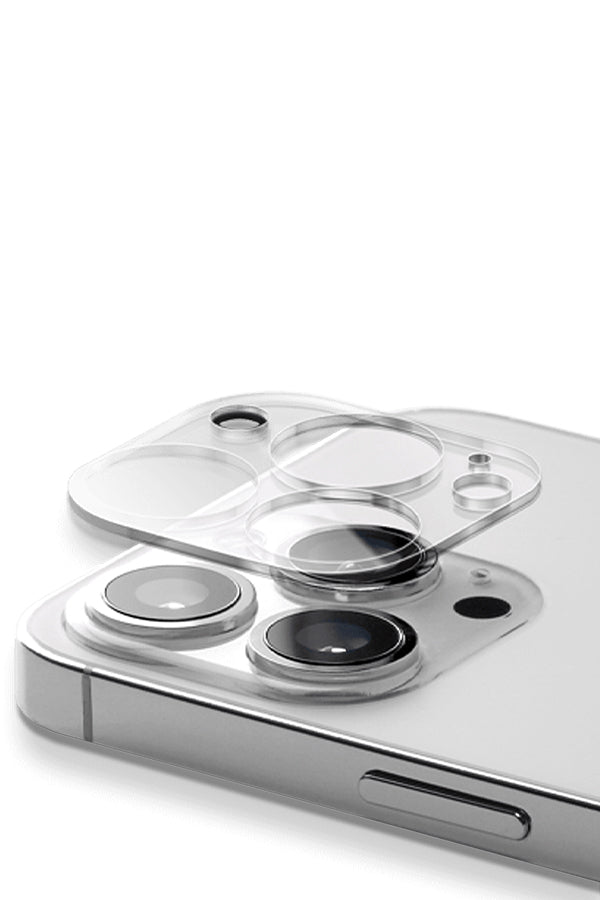 Clear camera protector on a smartphone with a white background