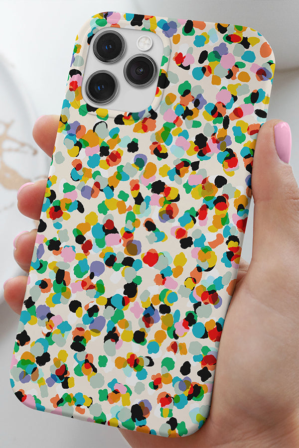 Phone case with a multicolour hand-drawn polka dot pattern